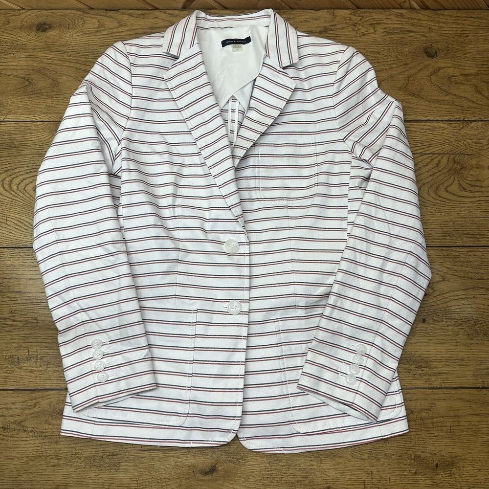 TOMMY HILFIGER Blazer‎ White Red Blue Striping Preppy Resortwear Women Jacket 10